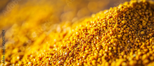 Exploring the vibrant texture and color of bee pollen granules on a warm surface