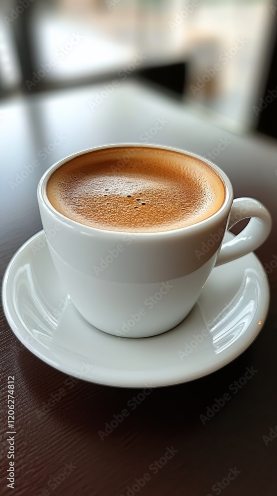 Coffee cup with latte art sits on wooden table in cozy cafe setting during daytime Coffee cup with latte art sits on wooden table in cozy cafe setting during daytime