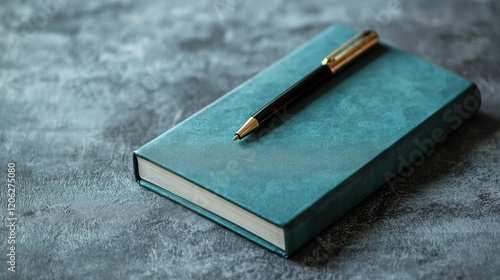 Blue notebook with a gold pen resting on top of it. the notebook appears to be made of a soft, plush material and has a rectangular shape with rounded edges. photo