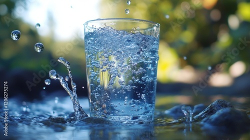 Invigorating scene of a clear glass filled with refreshing water, surrounded by splashes and bubbles, indicative of purity and freshness in a natural setting. photo