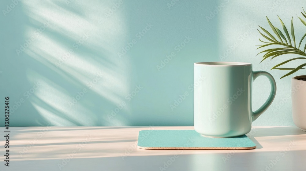 White ceramic mug with a handle on a wooden table. the mug is placed on a light blue coaster. next to the mug, there is a small potted plant with green leaves. White ceramic mug with a handle on a wooden table. the mug is placed on a light blue coaster. next to the mug, there is a small potted plant with green leaves.
