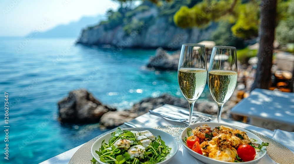 A picturesque Mediterranean seaside dining scene featuring a fresh salad and gourmet dishes set against a stunning ocean backdrop, ideal for luxurious escape imagery. A picturesque Mediterranean seaside dining scene featuring a fresh salad and gourmet dishes set against a stunning ocean backdrop, ideal for luxurious escape imagery.