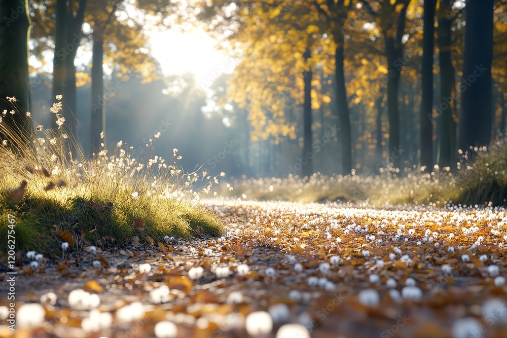 A winding path through a tranquil forest, adorned with fallen leaves in shades of gold and brown. Sunlight filters through the trees, creating a peaceful atmosphere A winding path through a tranquil forest, adorned with fallen leaves in shades of gold and brown. Sunlight filters through the trees, creating a peaceful atmosphere