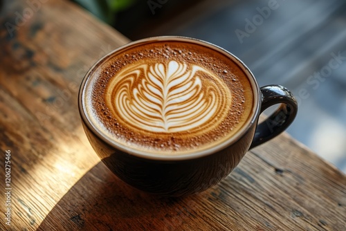 Coffee cup resting on rustic wooden table with decorative plant in a cozy set...