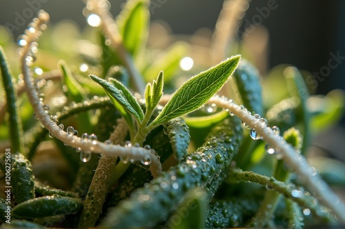 Morning dew on vibrant green plants under sunlight photo