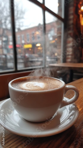 Warm cup of coffee with steam rising in a cozy cafe during a rainy afternoon