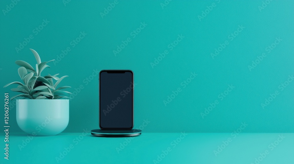 Flat lay of a smartphone and a potted plant on a turquoise background. the smartphone is black in color and is placed on a black stand. Flat lay of a smartphone and a potted plant on a turquoise background. the smartphone is black in color and is placed on a black stand.