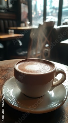 Warm cup of coffee with steam rising in a cozy cafe during a rainy afternoon