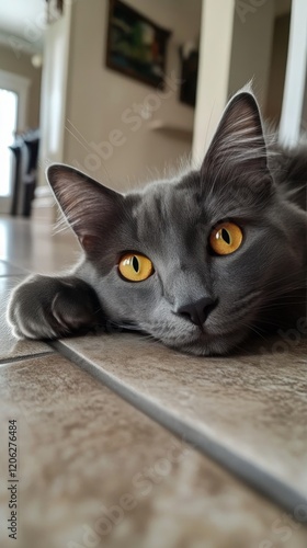 Gray cat with striking amber eyes relaxing indoors on tiled floor