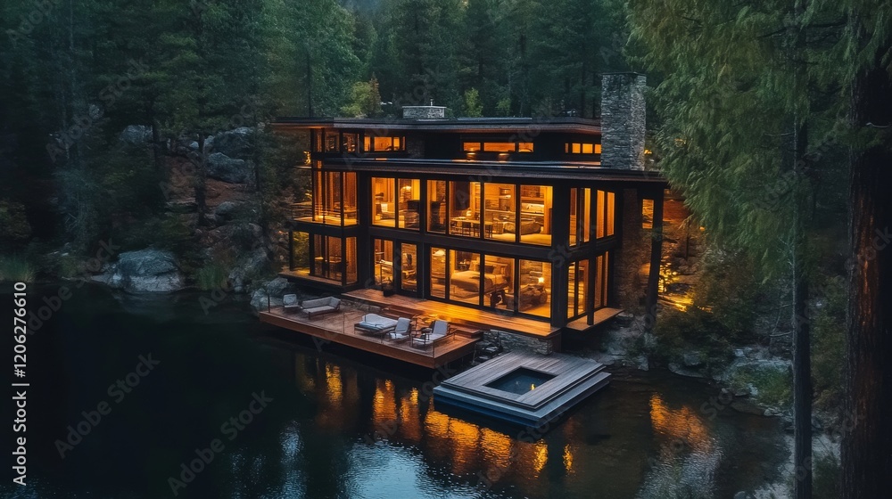 Obraz premium A stunning representation of a modern glass house set by a tranquil lake, illuminated warmly amidst dense forest surroundings, showcasing architectural beauty.