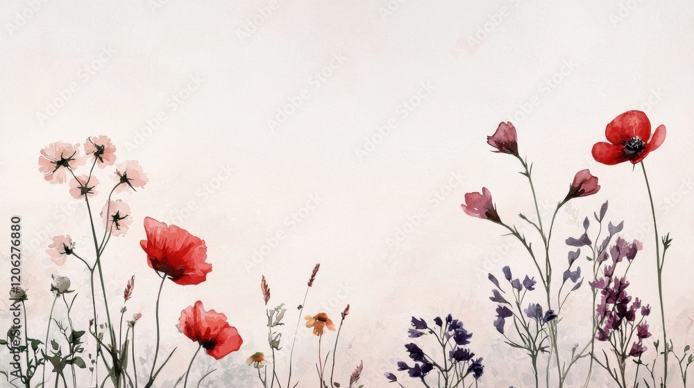 Obraz premium Digital illustration of a field of wildflowers. the background is a light beige color and the flowers are in various shades of pink, red, and purple.
