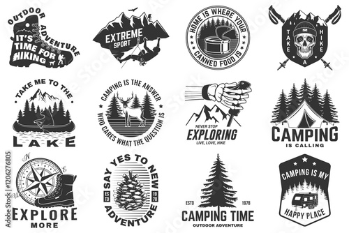 Set of hiking, climbing and camping related typographic quote. Vector. Concept for shirt or logo, print, stamp, sticker. Design with forest, mountains, hiker, axe and campfire