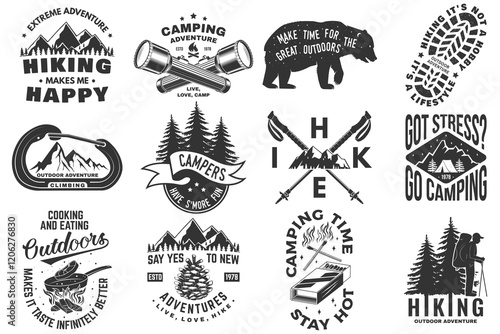 Set of hiking, climbing and camping related typographic quote. Vector. Concept for shirt or logo, print, stamp, sticker. Design with forest, mountains, hiker, axe and campfire