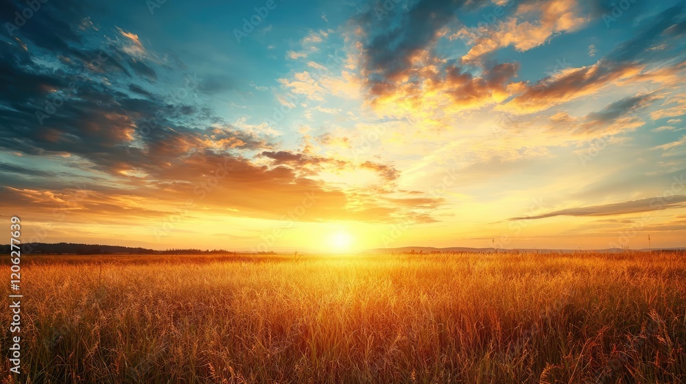 Golden sunset over wheat field, peaceful landscape. Use Calming nature background Golden sunset over wheat field, peaceful landscape. Use Calming nature background