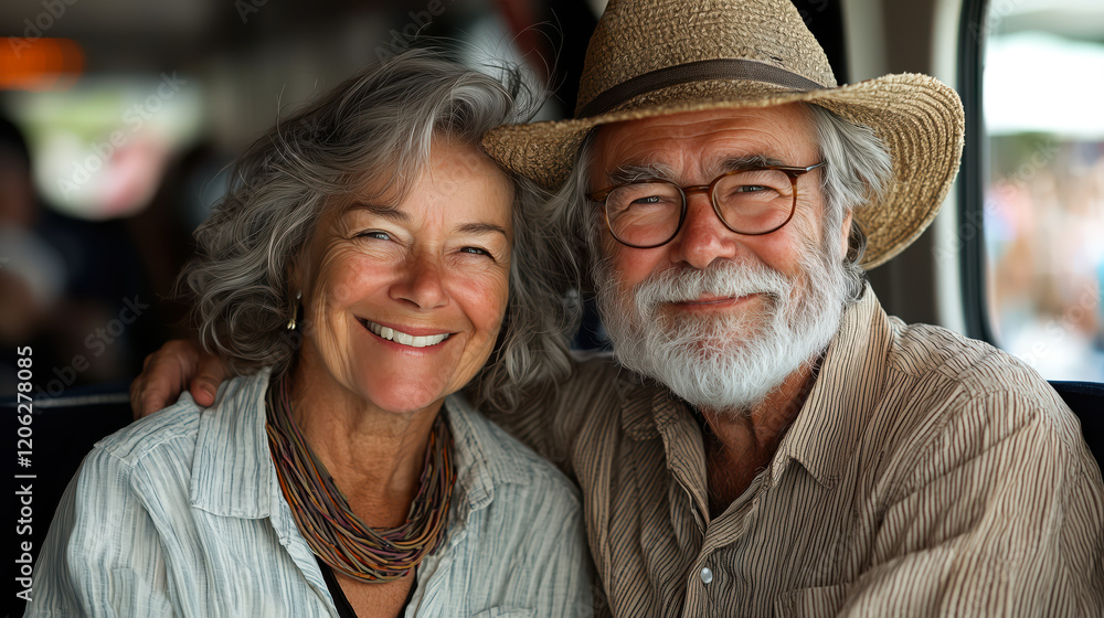 Smiling senior couple enjoying a moment together, with the man wearing a straw hat and glasses, and the woman in a casual shirt and colorful necklace, concept of travel Smiling senior couple enjoying a moment together, with the man wearing a straw hat and glasses, and the woman in a casual shirt and colorful necklace, concept of travel