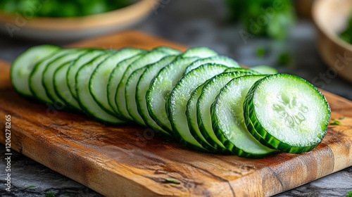 Freshly chopped cucumber slices arranged on a wooden cutting board in a kitch...