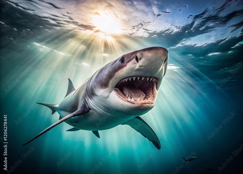 Naklejka premium Minimalist Ocean: Jaws of a Great White Shark