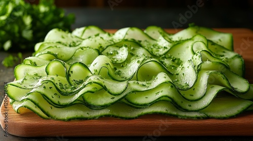 Freshly chopped cucumber slices arranged on a wooden cutting board in a kitch...