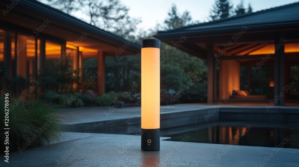 Fototapeta premium Modern outdoor lamp enhances ambiance of serene garden setting at twilight