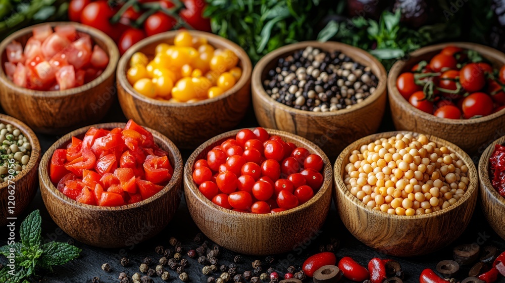 Assorted spices and cherry tomatoes in wooden bowls Assorted spices and cherry tomatoes in wooden bowls