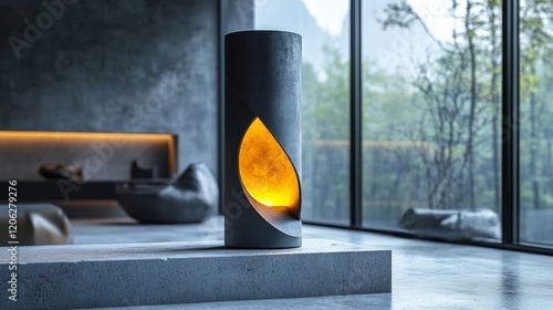 Modern concrete lamp illuminating a serene interior space with natural light