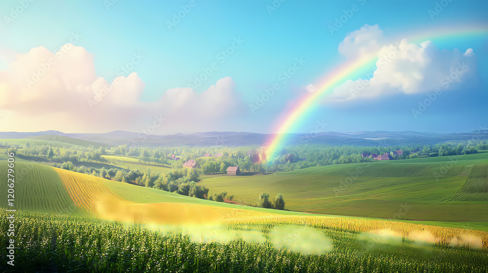A vivid rainbow appearing over a calm rural landscape, with green fields and a clear blue sky, symbolizing peace and hope Rainbow Fields. Illustration A vivid rainbow appearing over a calm rural landscape, with green fields and a clear blue sky, symbolizing peace and hope Rainbow Fields. Illustration