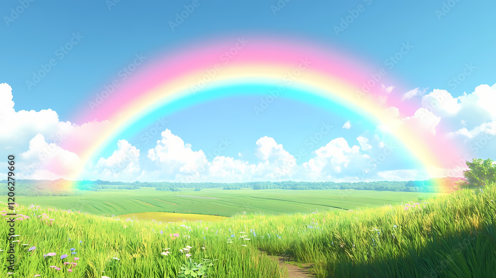 Naklejka premium A vivid rainbow appearing over a calm rural landscape, with green fields and a clear blue sky, symbolizing peace and hope Rainbow Fields. Illustration