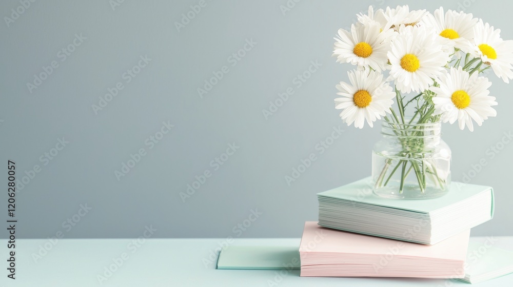 Vase of white daisies with yellow centers on a light blue background. the vase is made of glass and is placed on top of a stack of three books. Vase of white daisies with yellow centers on a light blue background. the vase is made of glass and is placed on top of a stack of three books.
