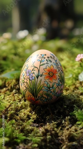 Colorful hand-painted egg resting on moss in a serene outdoor setting during ...