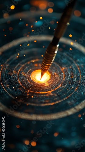 Dart striking the bullseye with glowing lights in a dramatic setting
