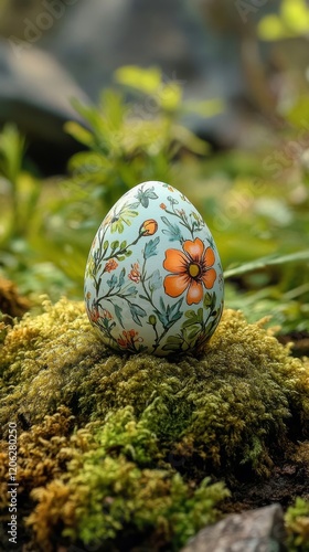 Colorful hand-painted egg resting on moss in a serene outdoor setting during ...