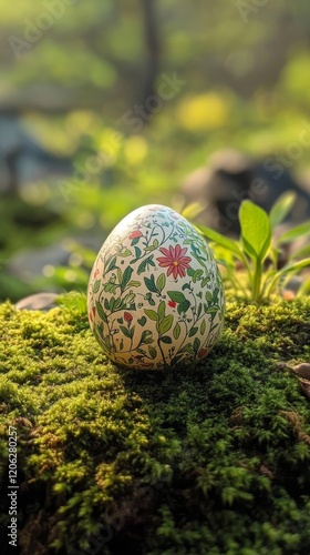 Colorful hand-painted egg resting on moss in a serene outdoor setting during ...