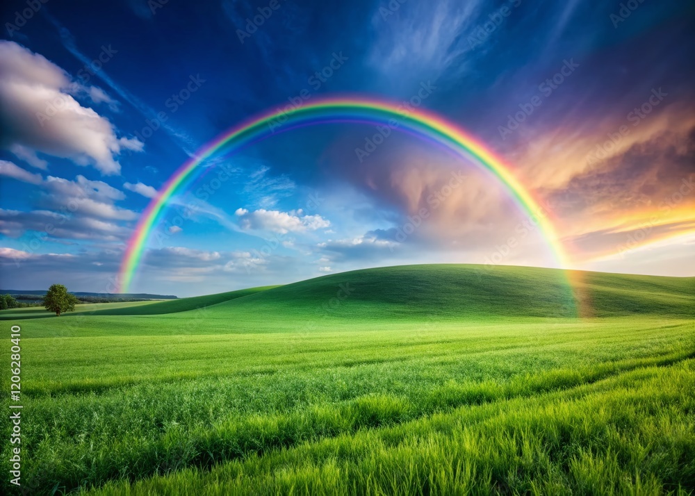 Minimalist Rainbow Over Green Field - Peaceful Nature Background Minimalist Rainbow Over Green Field - Peaceful Nature Background