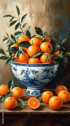 Fresh oranges displayed in a decorative bowl with leaves on a rustic wooden t...