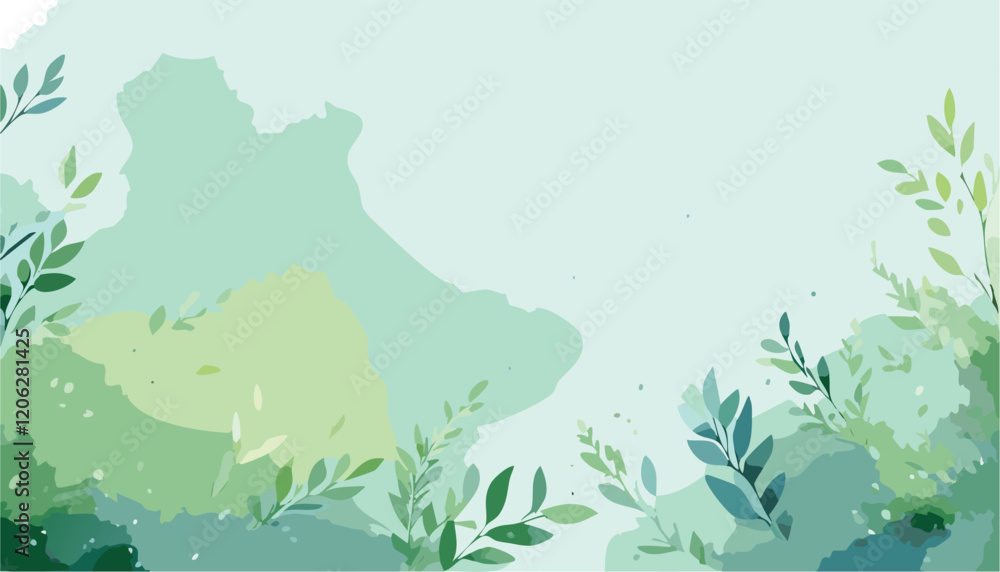 Abstract vector art floral background vector, wallpaper with watercolor, leaf framed, flower, vivid foliage, aquarelle frame, in green and blue, summer colors. Abstract vector art floral background vector, wallpaper with watercolor, leaf framed, flower, vivid foliage, aquarelle frame, in green and blue, summer colors.