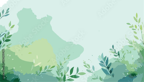 Abstract vector art floral background vector, wallpaper with watercolor, leaf framed, flower, vivid foliage, aquarelle frame, in green and blue, summer colors.