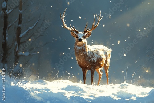 Majestic deer stands gracefully in a snow-covered landscape with delicate sno...