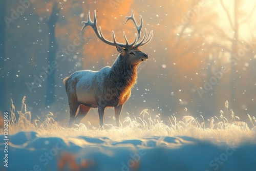 Majestic deer stands gracefully in a snow-covered landscape with delicate sno...