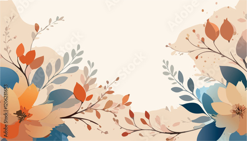 Abstract vector art floral background vector, wallpaper with watercolor, leaf framed, flower, vivid foliage, aquarelle frame, in autumn colors, with beige, brown and orange details.