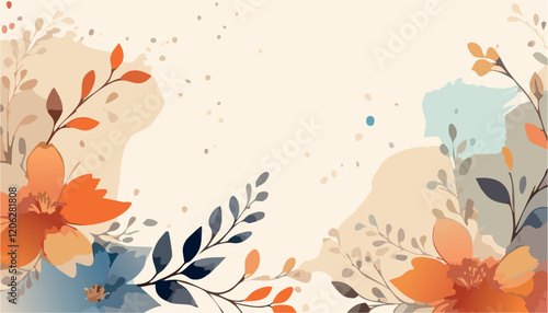 Abstract vector art floral background vector, wallpaper with watercolor, leaf framed, flower, vivid foliage, aquarelle frame, in autumn colors, with beige, brown and orange details.