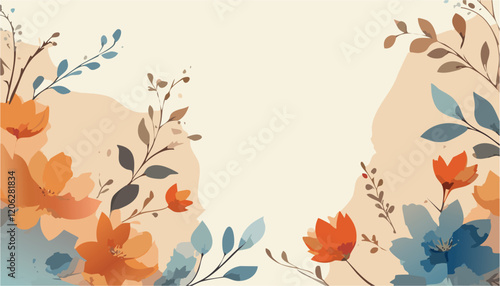 Abstract vector art floral background vector, wallpaper with watercolor, leaf framed, flower, vivid foliage, aquarelle frame, in autumn colors, with beige, brown and orange details.