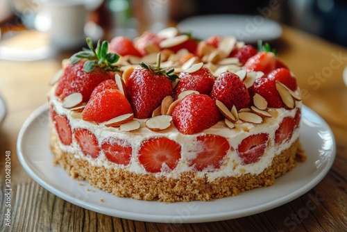Delicious strawberry chocolate cake with almond toppings served in a cozy caf...