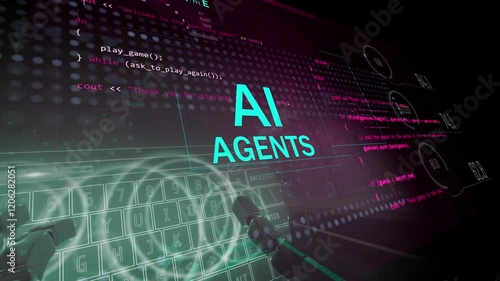 Ai agents, assistans, stock prediction in artificial intelligence 3d animation with coding overlay. Programming software language with technology titles photo