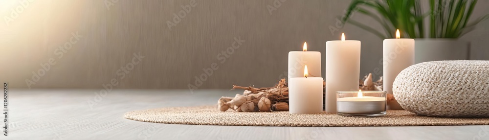 A peaceful meditation corner with candles and natural decor A peaceful meditation corner with candles and natural decor