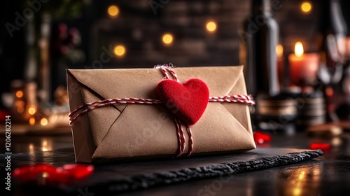 Romantic kraft paper envelope tied gently with twine and adorned by a small red heart resting on dark surface warm candlelight. AI Generated