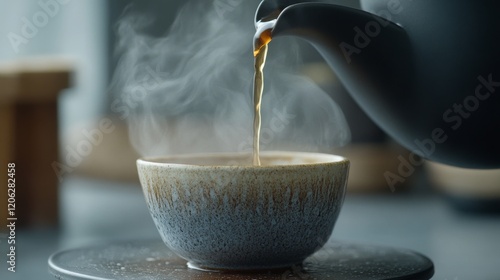 Steaming tea is carefully poured into a rustic artisanal cup, embodying tranquility and appreciation for the art of tea-making; steam wafts soothingly above the cup. photo