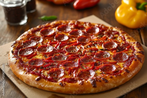 Delicious pepperoni pizza topped with red chili peppers served on a wooden table