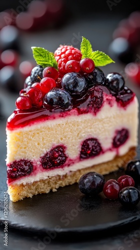 Delightful slice of layered cake topped with fresh berries in a bright cafe s...