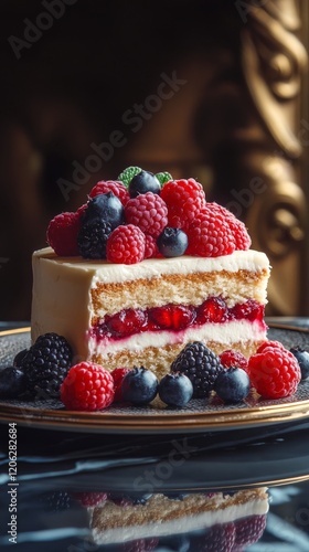 Delightful slice of layered cake topped with fresh berries in a bright cafe s...