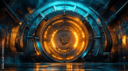 Futuristic glowing portal in a high-tech corridor at night